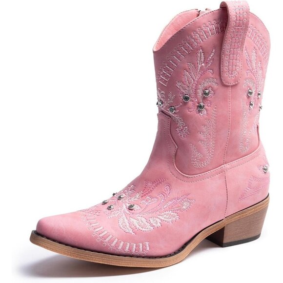🆕Women Pink Cowgirl with Sparkly Embroidered Rhinestone Western Ankle Boot - Picture 3 of 7